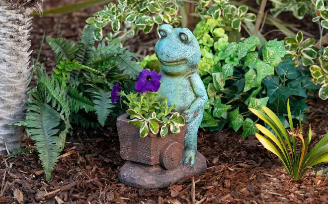 Alpine Corporation Frog Pushing Wagon Statue Planter