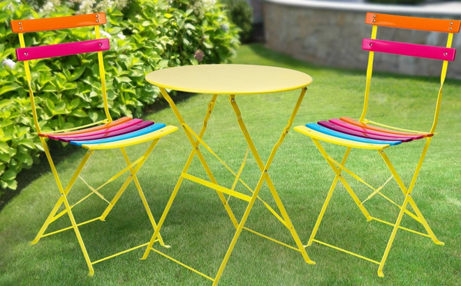 Alpine Corporation Steel Foldable Bistro Set Vibrant Rainbow in the Yard