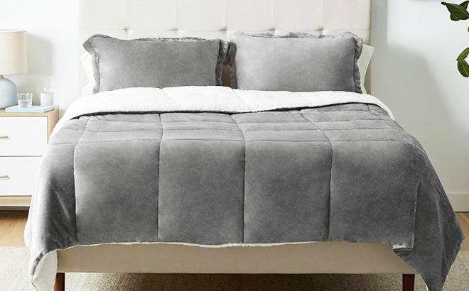 Amazon Basics 3 Piece Micromink Sherpa Comforter Bedding Set in Charcoal Color