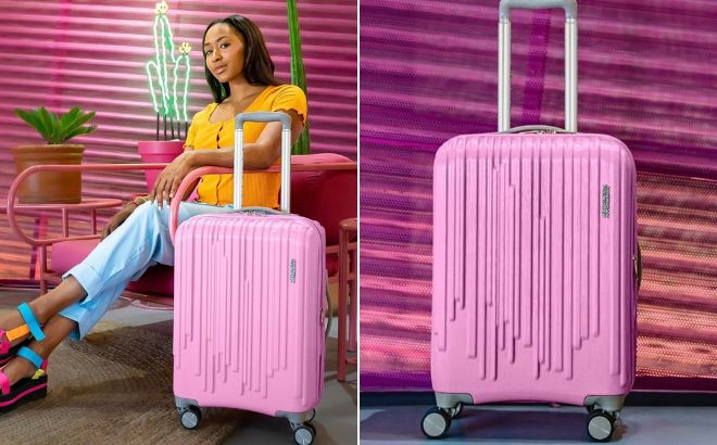 American Tourister Burst Max Quatro Hardside Spinner Luggage in Bright Rose Color