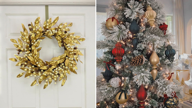 Artificial Gold Laurel Leaves Christmas Wreath and Holiday Romance Ornaments