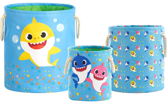 Baby Shark 3 Piece Fabric Nestable Toy Storage Basket Set on a Plain Background