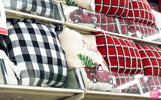 Black White Buffalo Check Pillow and Red Plaid Pillow at Hobby Lobby