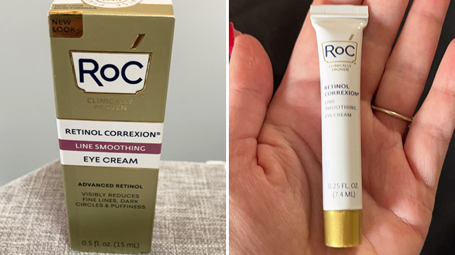 Box of RoC Retinol Correxion Under Eye Cream on the Left and a Hand Holding the Same Item on the Right