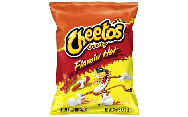 Cheetos Crunchy Flamin Hot Cheese Flavored Snacks on a Plain Background