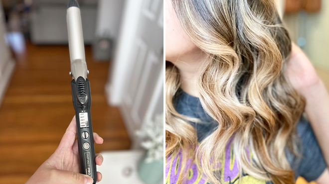 Conair Infinitipro Tourmaline Ceramic 1 Inch Curling Iron on the Left and a Curly Hair on the Right