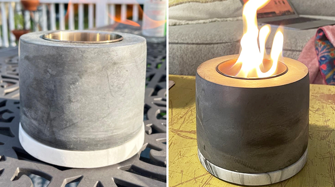 Concrete Tabletop Fire Pit on the Left and Same Item with Fire on the Right