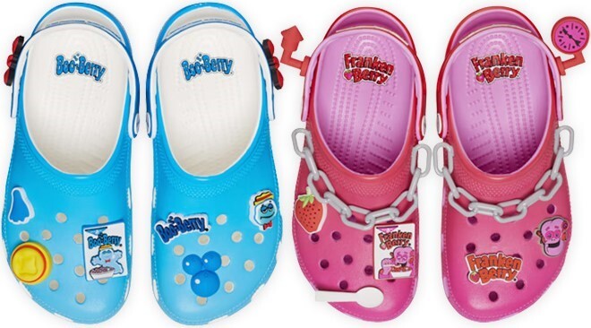 Crocs Boo Berry Classic Clogs on the Left and Franken Berry Classic Clogs on the Right Side