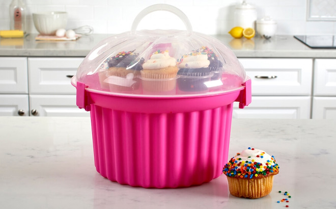 Cuisinart Cupcake Shaped Carrier in Pink Color on the Kitchen Table