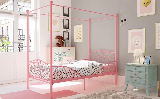 DHP Metal Canopy Kids Platform Bed with Four Poster Design in Pink Color