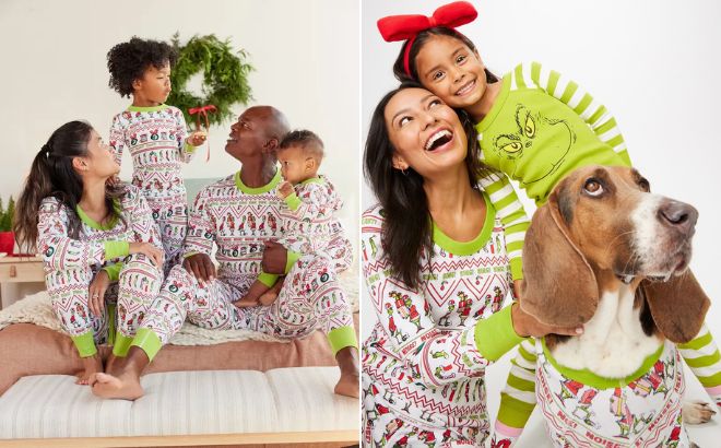 Family is Wearing Dr Seuss Grinch Womens Long John Pajama Top and Pant