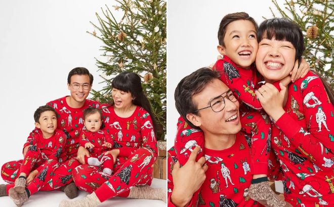 Family is Wearing Star Wars Holiday Print Long John Pajama Set in Star Wars Festive Red Color