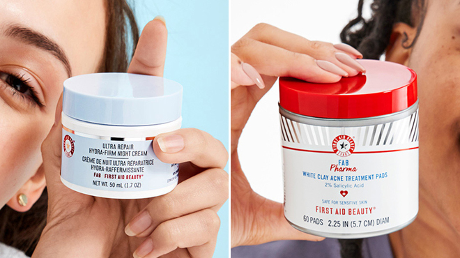 First Aid Beauty Ultra Repair Hydra Firm Night Cream and FAB Pharma White Clay Acne Treatment