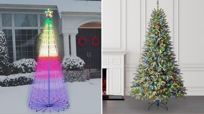 GE 84 in Tree Free Standing Decoration with Color Changing LED Lights and Holiday Living 7 5 ft Brighton Spruce Pre lit Artificial Christmas Tree with LED Lights