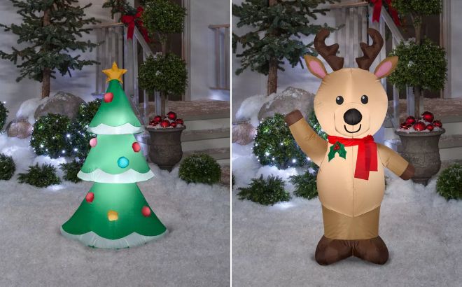 Gemmy Christmas Tree Inflatable Decoration on the Left and Gemmy Reindeer Christmas Inflatable Decoration on the Right Side