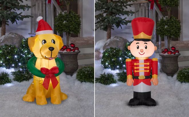 Gemmy Dog with Wreath Christmas Inflatable Decoration on the Left and Gemmy Toy Soldier Christmas Inflatable Decoration on the Right Side