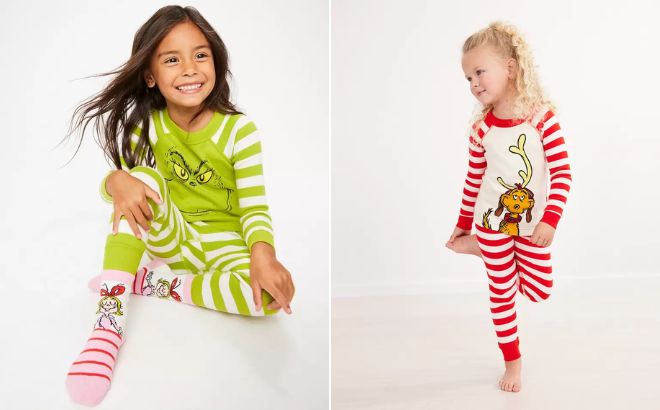 Girls are Wearing Dr Seuss Character Long John Pajama Set in Grinch and Max Style