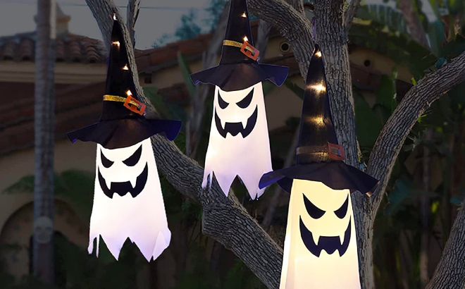 Halloween Hanging Lighted Glowing Ghost Witch Hat Decor