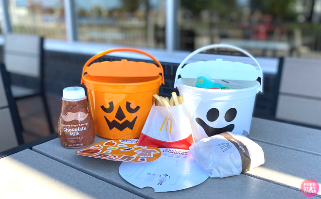 A Halloween Happy Meal and Two Trick or Treat Buckets on a Tabletop