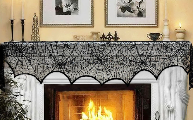 Halloween Lace Spiderweb Fireplace Mantle Scarf Cover