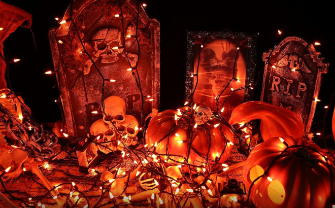 Halloween String Lights Laced Over Different Halloween Decor