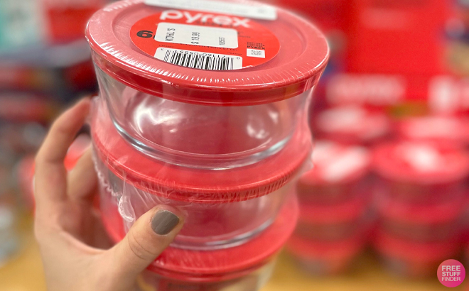 Hand Holding a Pack of Pyrex 6 Piece Round Glass Food Storage Set