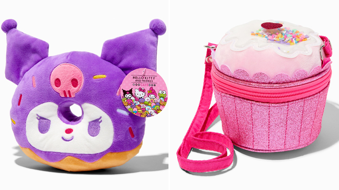 Hello Kitty And Friends Cafe Kuromi Donut Plush Toy and Claires Club Pink Cupcake Crossbody Bag