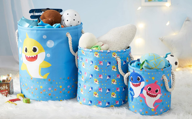 Idea Nuova Baby Shark 3 Piece Multi Size Fabric Nestable Toy Storage Basket Set in Bedroom