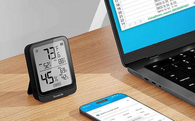 Indoor Hygrometer Mobile Phone and Laptop on a Table