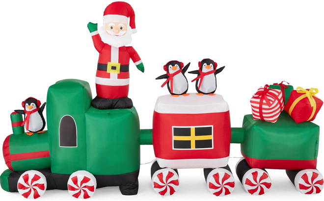 8.5-Foot Inflatable Christmas Train with Animated Santa on White Background