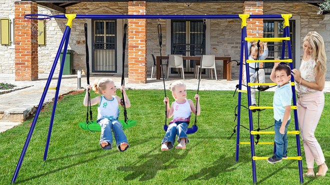 Kids playing on Gymax 5 in 1 Outdoor Kids Swing Set