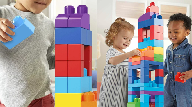 Kids playing with Mega Bloks 80 Piece Building Bag