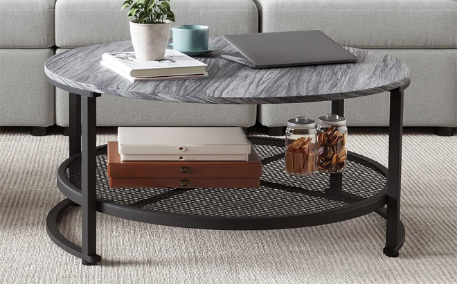 LINSY HOME Round Coffee Table for Living Room in Black