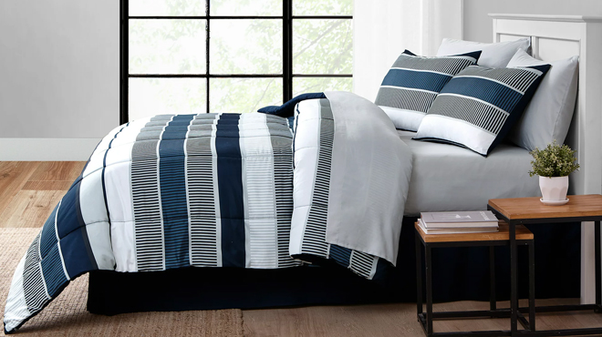 Mainstays 8 Piece Queen Comforter Set in Blue Stripe