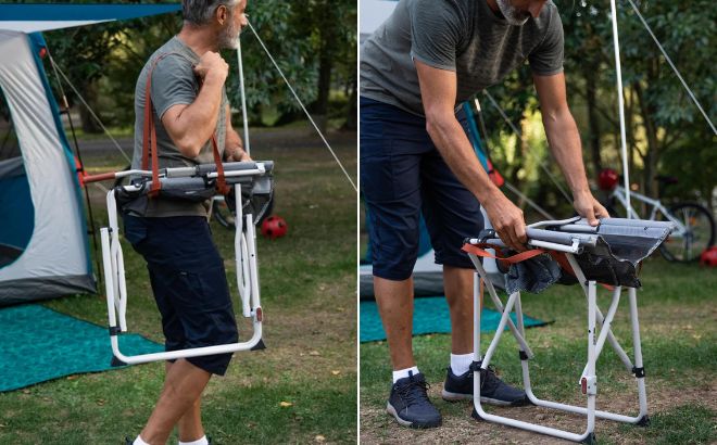 Man is Holding Decathlon Quechua Folding Camping Chair in Gray Color