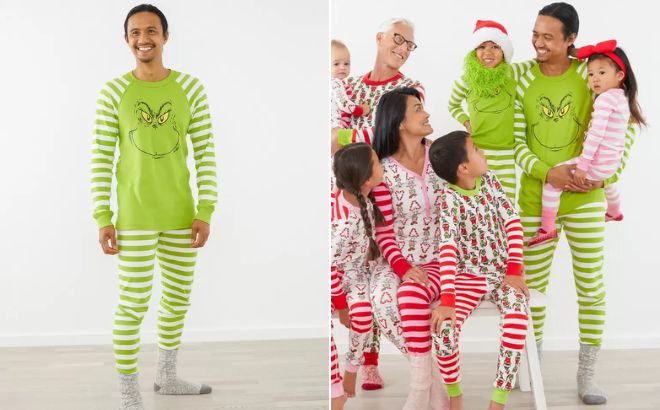 Man is Wearing Dr Seuss Grinch Adult Unisex Long John Pajama Top and Pant