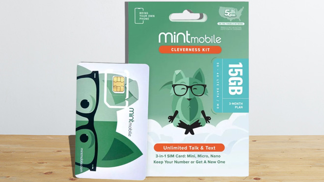 Mint Mobile 3 Month 15 GB Plan SIM Kit on Table