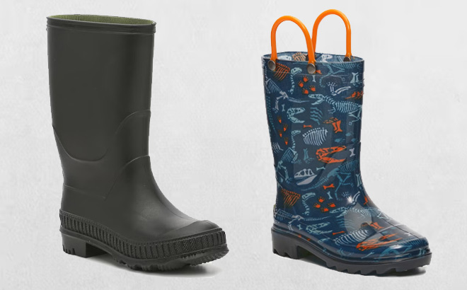 Mix No 6 Blake and Fossilized Light Up Rain Kids Boots on a Gray Background