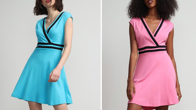 Models Wearing New York Company Colorblock Accent Wrap Dress