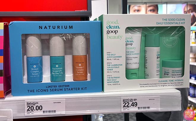 Naturium Icons Serium Starter Holiday Skincare Gift Set and good clean goop The Good Clean Daily Essentials Kit in shelf