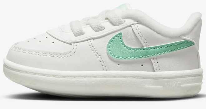 Nike Force 1 Baby Crib Booties on a White Backgrond