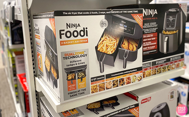 Ninja Foodie 6 Quart Dual Basket Air Fryer on a Shelf