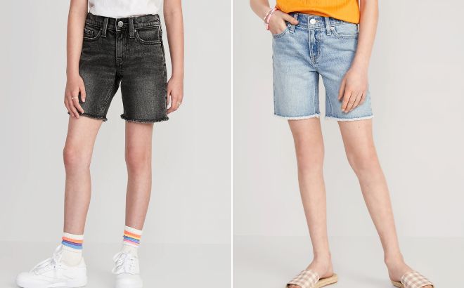 Old Navy High Waisted Cut Off Jean Bermuda Girls Shorts on the Left Side and Old Navy High Waisted Cut Off Jean Bermuda Girls Shorts on the Right Side