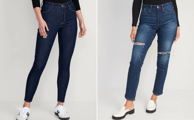 Old Navy High Wasted Super Skinny Ankle Womens Jeans on the Left Side and Old Navy Curvy High Wasted Straight Ripped Ankle Womens Jeans on the Right Side