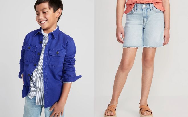 Old Navy Long Sleeve Utility Pocket Twill Boys Shirt on the Left Side and Old Navy High Waisted Cut Off Jean Bermuda Girls Shorts on the Right Side