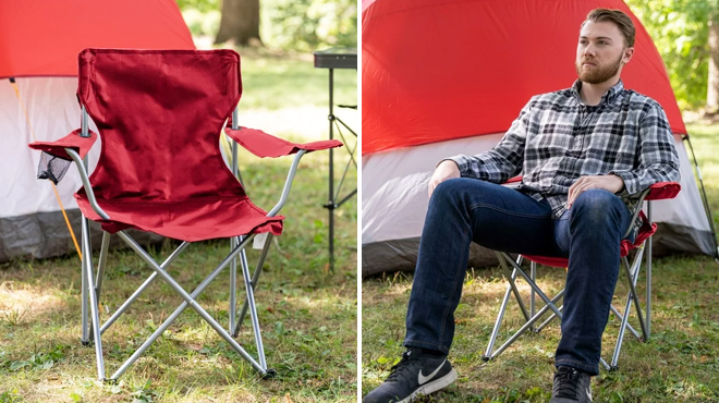 Ozark Trail Basic Quad Folding Camp Chair Red on the Left and a Man Sitting on the Same Item on the Right