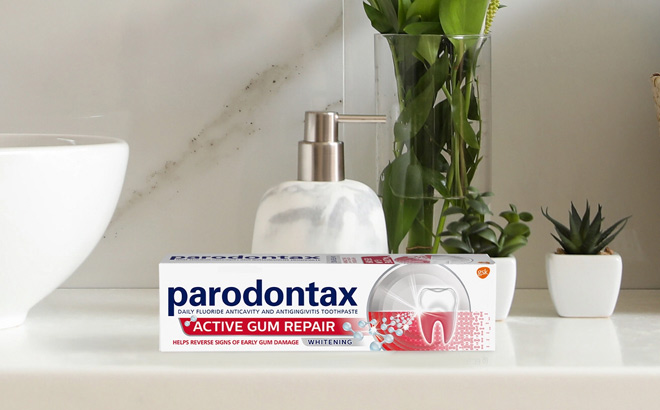 Parodontax Active Gum Repair Whitening Toothpaste in the Bathroom