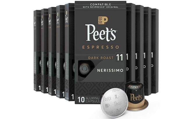 Peets Espresso Dark Roast Capsules on a Plain Background