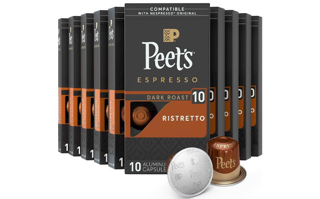 Peets Espresso Dark Roast Ristretto Capsules on a Plain Background