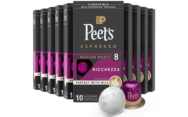 Peets Espresso Medium Roast Capsules on a Plain Background